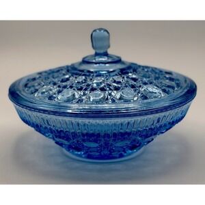 VTG Indiana Glass Windsor Candy Dish Light Blue Button & Cane Covered Bowl Lid